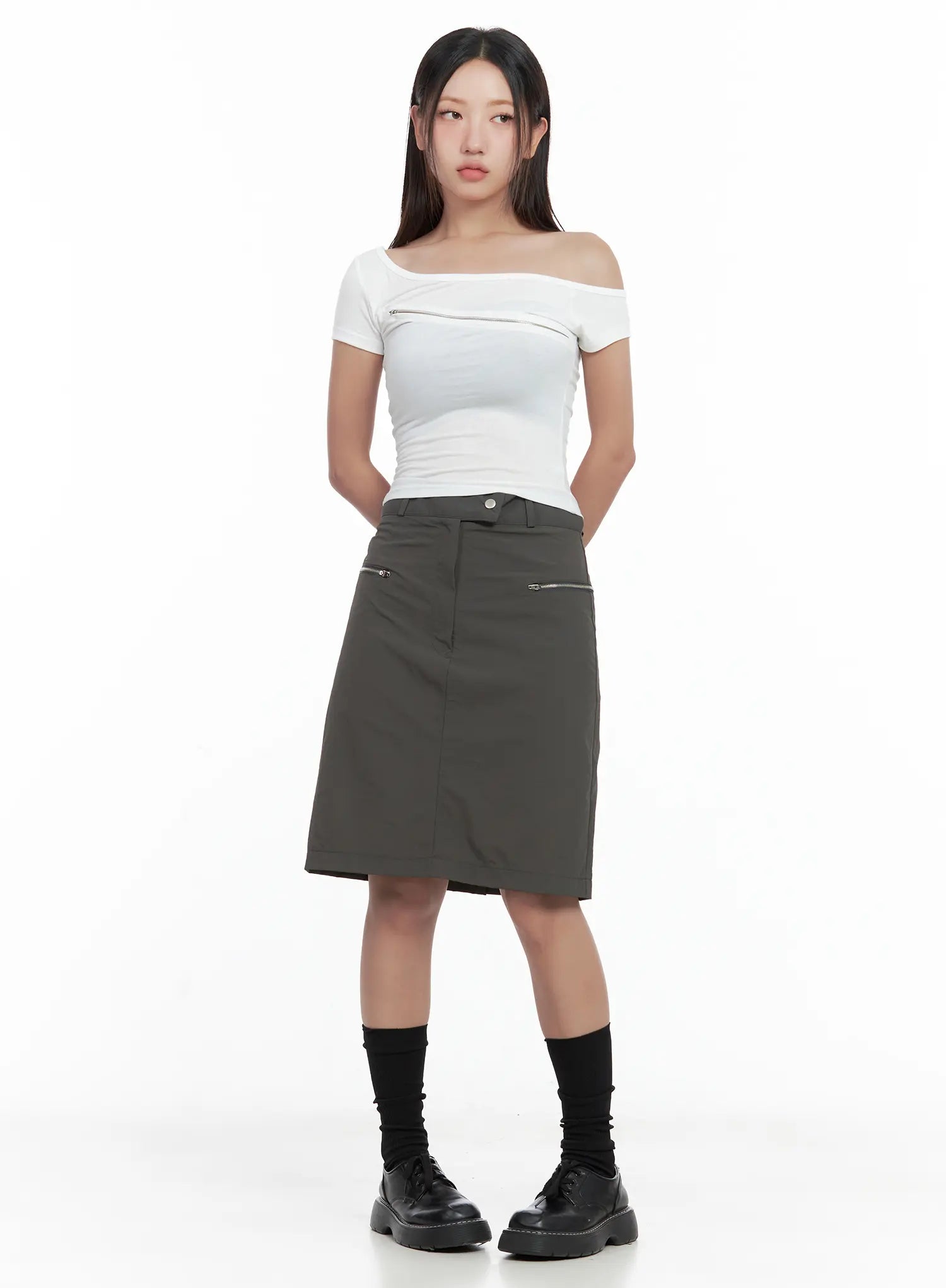 Nylon Zip Midi Skirt CL509